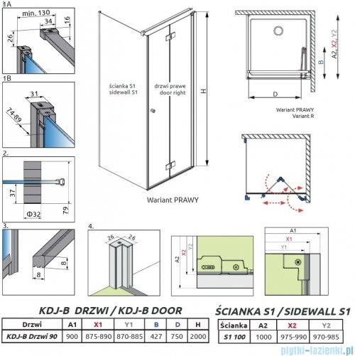 Radaway Nes Gold Kdj B kabina 90x100cm prawa złoty połysk 10025090-09-01R/10039100-01-01
