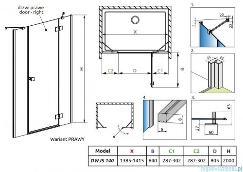 Radaway Essenza Dwjs drzwi wnękowe 140cm prawe szkło przejrzyste 1385033-01-01R/1384090-01-01