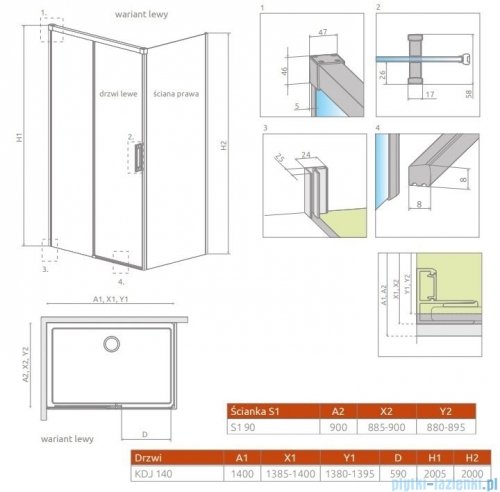 Radaway Idea Black Kdj kabina 140x90cm lewa czarny mat/szkło przejrzyste 387044-54-01L/387050-54-01R