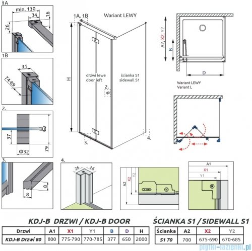 Radaway Nes 6 Kdj B Brushed Light Gold kabina 80x70cm lewa szczotkowane jasne złoto 10025080-98-01L/10039070-01-01