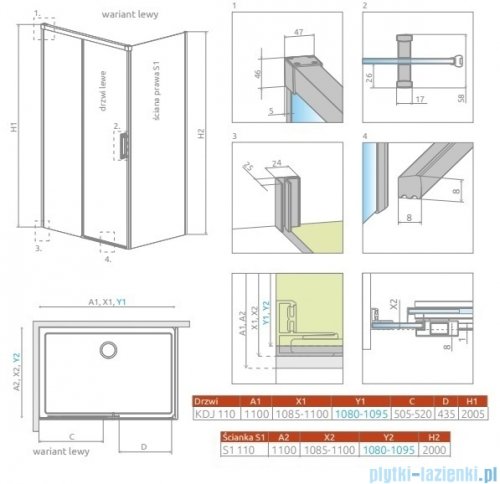 Radaway Idea Kdj Brushed Nickel kabina 110x110cm lewa szczotkowany nikiel 387041-91-01L/387053-91-01R
