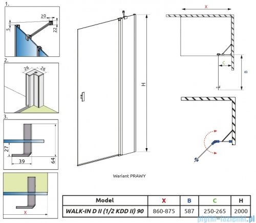 Radaway Nes KDD II Brushed Light Gold kabina walk-in 90cm prawa szczotkowane jasne złoto szkło przejrzyste 10031090-98-01R