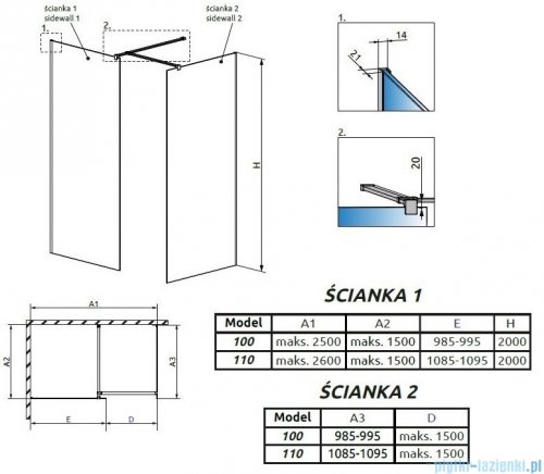 Radaway Modo New Black III kabina Walk-in 110x100x200 szkło przejrzyste 389114-54-01/389104-54-01/389000-54