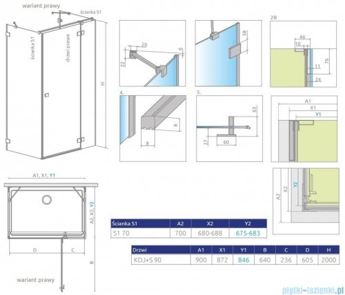 Radaway Essenza Pro Black Kdj+S kabina 70x90x70cm prawa czarny mat/szkło przejrzyste 10097390-54-01R/10098070-01-01/10098070-01-01