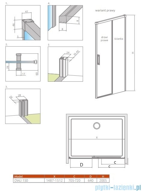 Radaway Idea 8 Dwj Brushed Gold drzwi wnękowe 150cm prawe szczotkowane złoto 10330770-99-01R/10350703-01-01