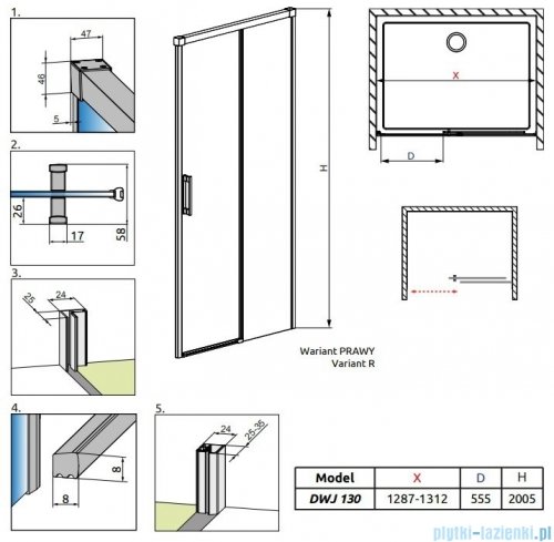 Radaway Idea Black Dwj drzwi wnękowe 130cm prawe szkło przejrzyste rysunek techniczny