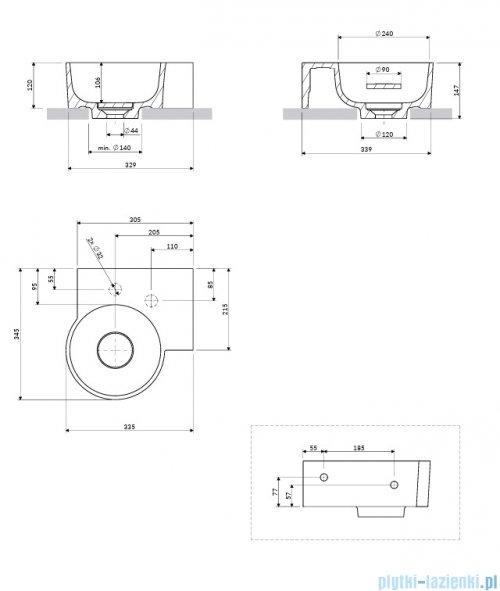 Omnires Ovo M+ umywalka nablatowa/wisząca prawa 33x34 cm black lava mat OVO335UWPBLV