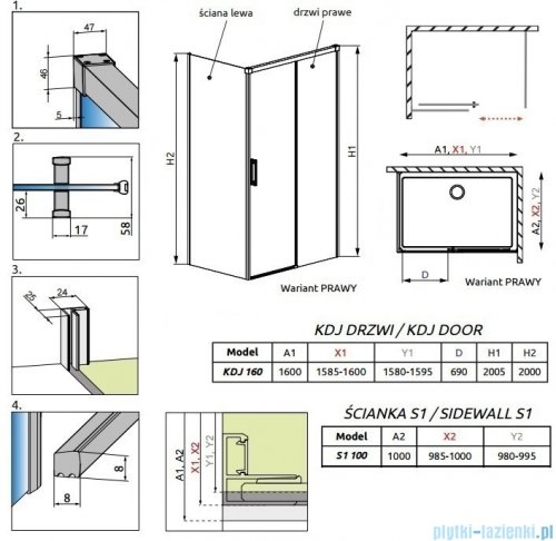 Radaway Idea Kdj Brushed GunMetal kabina 160x100cm prawa szczotkowany grafit 387046-92-01R/387052-92-01L