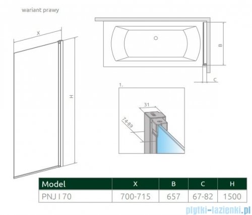 Radaway Nes Black Pnj Frame parawan nawannowy 70cm prawy czarny mat/szkło przejrzyste 10011070-54-56R