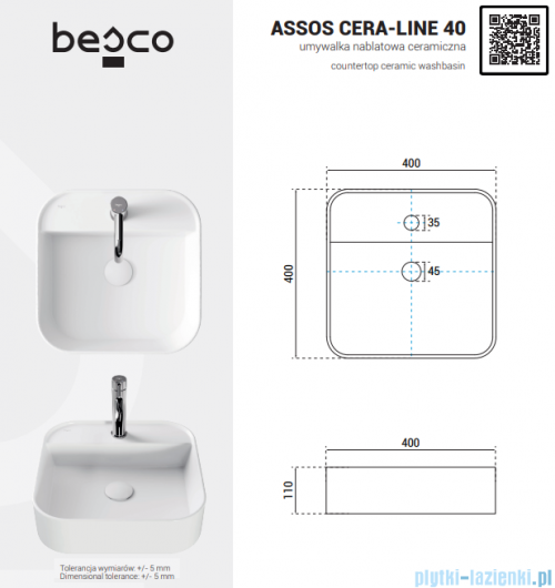 Besco Assos Cera-Line White umywalka nablatowa biała 40 cm biały połysk UNC-40-ASB