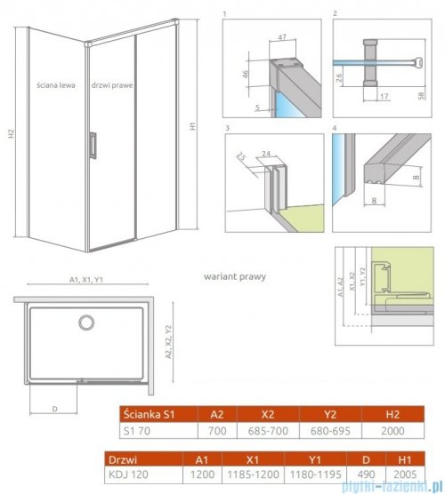 Radaway Idea Kdj Brushed Copper kabina 120x70cm prawa szczotkowana miedź 387042-93-01R/387048-93-01L