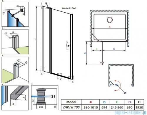 Radaway Eos DWJ II drzwi prysznicowe 100 lewe przejrzyste 13799442-01L