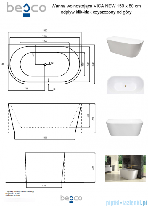 Besco Vica New wanna 150x80cm wolnostojąca przyścienna z odpływem klik-klak biały #WAS-150VNBO