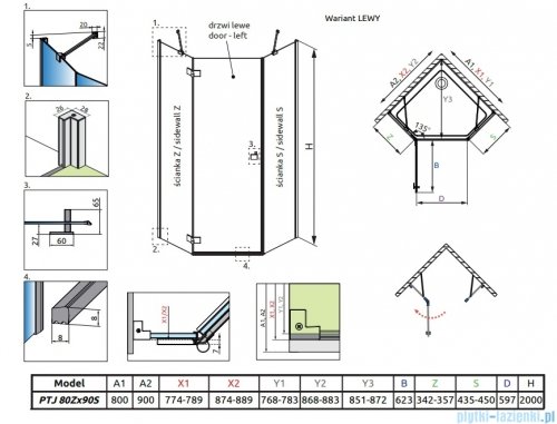 Radaway Essenza 8 Ptj kabina pięciokątna 80x90cm lewa szkło przejrzyste 10490000-01-01L/10490400-01-01