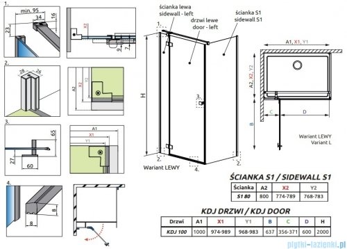 Radaway Essenza 8 Gold Kdj kabina 100x80cm lewa złoty połysk/szkło przejrzyste 10480612-01-01L/10470337-09-01L/10113080-01-01