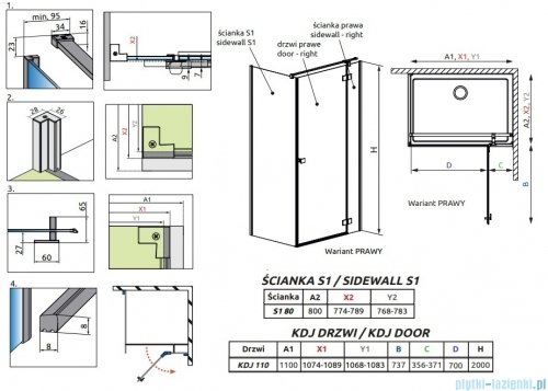 Radaway Essenza 8 Gold Kdj kabina 110x80cm prawa złoty połysk/szkło przejrzyste 10480712-01-01R/10470337-09-01R/10113080-01-01