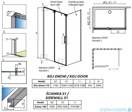 Radaway Espera Kdj kabina prysznicowa 110x100 lewa szkło przejrzyste rysunek techniczny