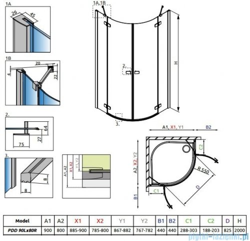 Radaway Fuenta New Pdd kabina 90x80cm szkło przejrzyste rysunek techniczny