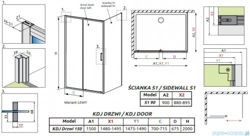 Radaway Premium Pro Black Kdj kabina 150x90cm lewa czarny mat/szkło przejrzyste 1015150-54-01L/1016090-54-01