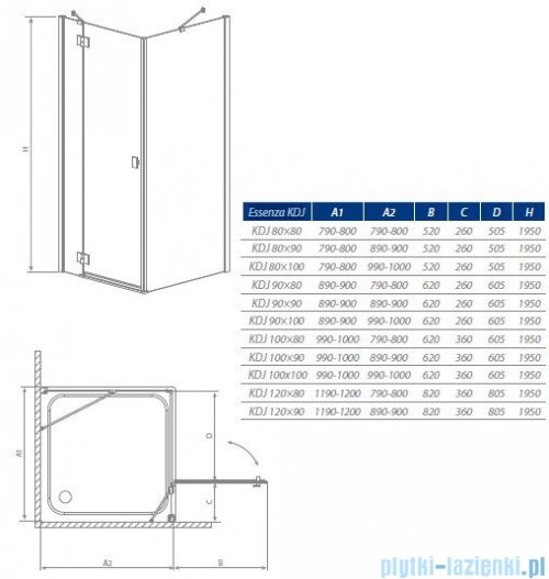 Radaway Essenza KDJ kabina 100x80 lewa szkło przejrzyste + brodzik Doros D + syfon 32842-01-01NL