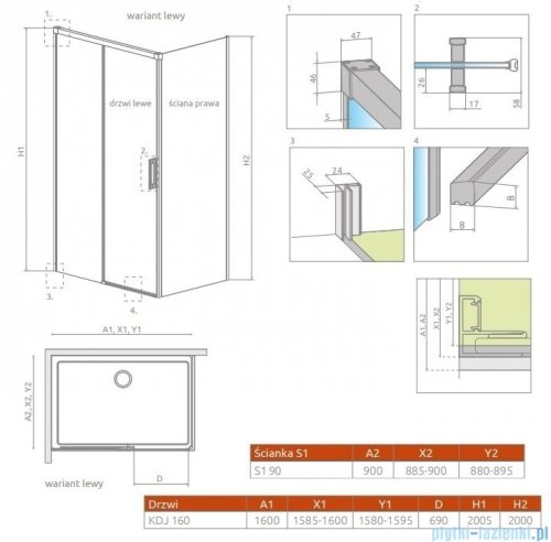 Radaway Idea Black Kdj kabina 160x100cm lewa czarny mat/szkło przejrzyste 387046-54-01L/387052-54-01R