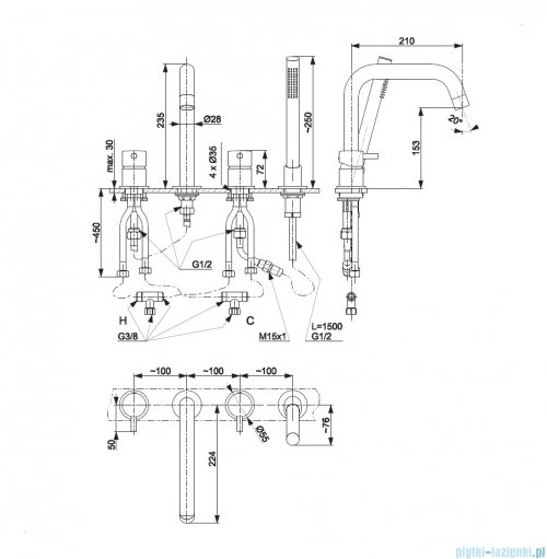 KFA MOZA ROSE GOLD bateria wannowa 4-otworowa miedź szczotkowana 5035-210-34