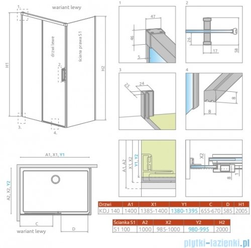 Radaway Idea Kdj Brushed Copper kabina 140x100cm lewa szczotkowana miedź 387044-93-01L/387052-93-01R