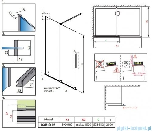 Radaway Furo kabina Walk-in 90x200cm lewa szkło przejrzyste 10106488-01-01L/10110444-01-01