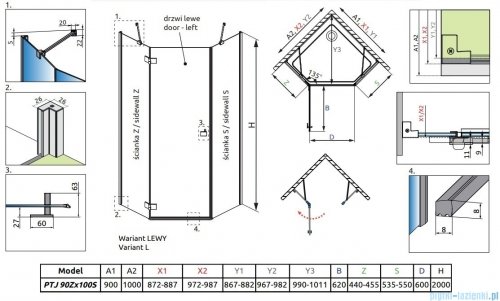 Radaway Essenza Black Ptj kabina pięciokątna 90x100cm lewa szkło przejrzyste 1385010-54-01L/1385056-01-01