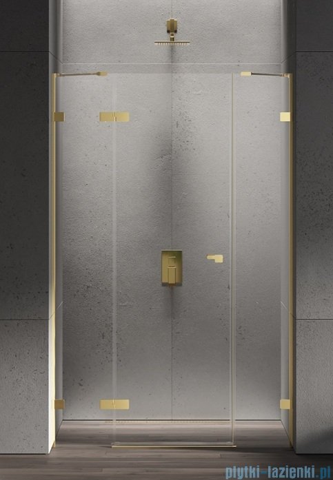 New Trendy Eventa Gold Shine drzwi wnękowe pojedyncze z dodatkową ścianką 130x200 cm przejrzyste lewe Złoty połysk EXK-4683