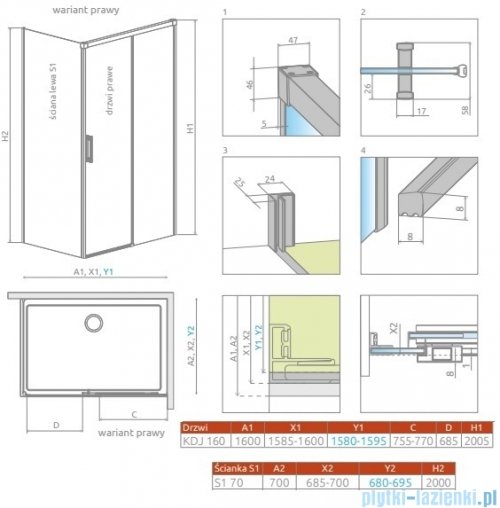 Radaway Idea Kdj Brushed Nickel kabina 160x70cm prawa szczotkowany nikiel 387046-91-01R/387048-91-01L
