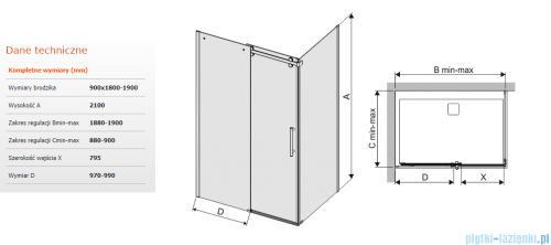 Sanplast kabina KND2/ALTII narożna prostokątna 90x180-190x210 cm grafit 600-121-0981-42-491