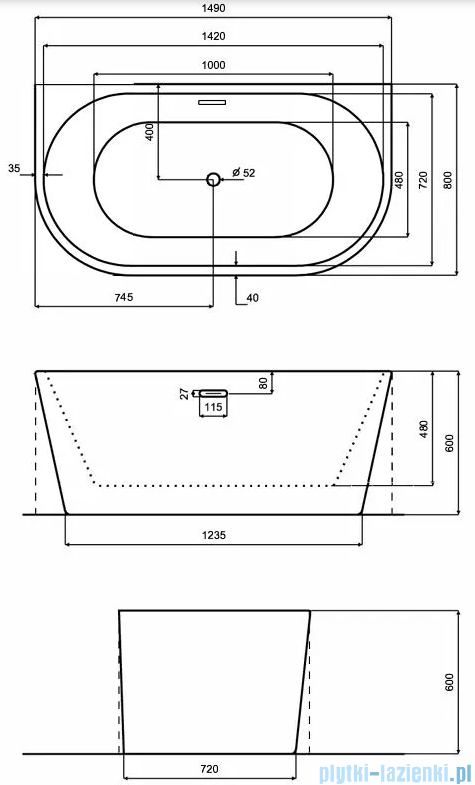 Besco Vica New wanna 150x80cm wolnostojąca przyścienna z przelewem szczelinowym slim syfon klik-klak biały #WAS-150VNBI