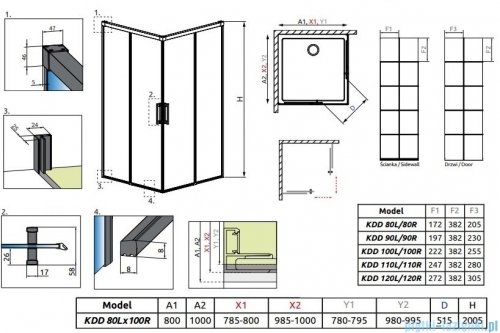 Radaway Idea Black Kdd Factory kabina prysznicowa 80x100cm czarny mat/szkło przejrzyste 387061-54-55L/387062-54-55R