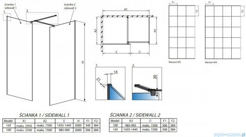 Radaway Modo New Black III kabina Walk-in 145x100x200 Factory rysunek techniczny