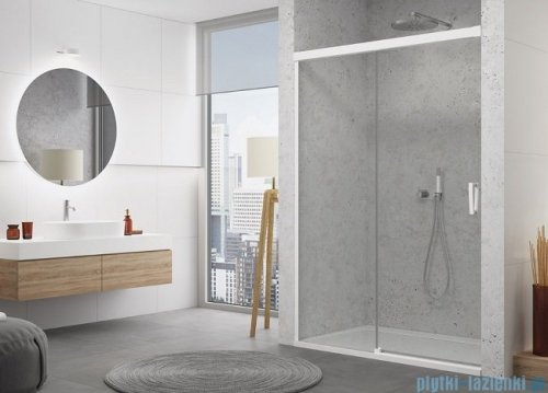 SanSwiss Cadura White Line drzwi przesuwne 100cm jednoskrzydłowe lewe z polem stałym profile biały mat CAS2G1000907