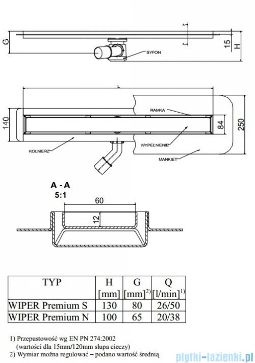 Wiper Odpływ liniowy Premium Mistral 110cm z kołnierzem mat M1100MPS100