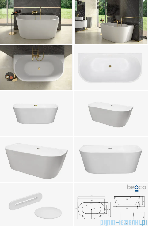 Besco Vica New wanna 160x80cm wolnostojąca przyścienna z przelewem szczelinowym slim syfon klik-klak biały #WAS-160VNBI