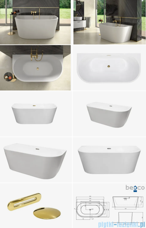 Besco Vica New wanna 170x80cm wolnostojąca przyścienna z przelewem szczelinowym slim syfon klik-klak złoty #WAS-170VNZL