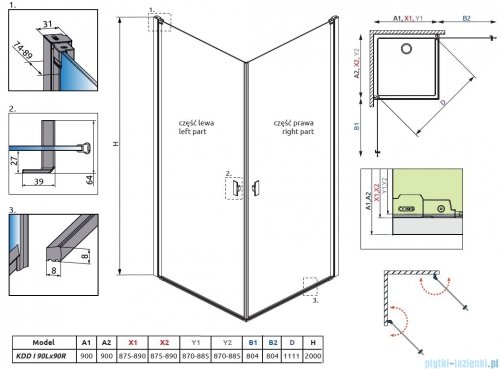 Radaway Nes KDD I kabina 90x90 przejrzyste rysunek techniczny