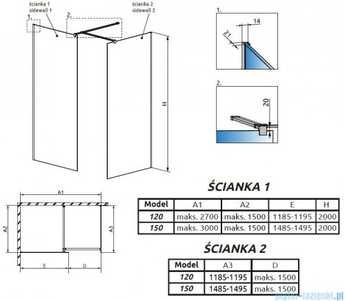 Radaway Modo New III kabina Walk-in 150x120x200 szkło przejrzyste 389154-01-01/389124-01-01/389000-01