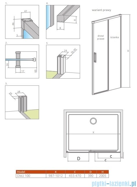Radaway Idea 8 Dwj Brushed Gold drzwi wnękowe 100cm prawe szczotkowane złoto 10330520-99-01R/10350453-01-01