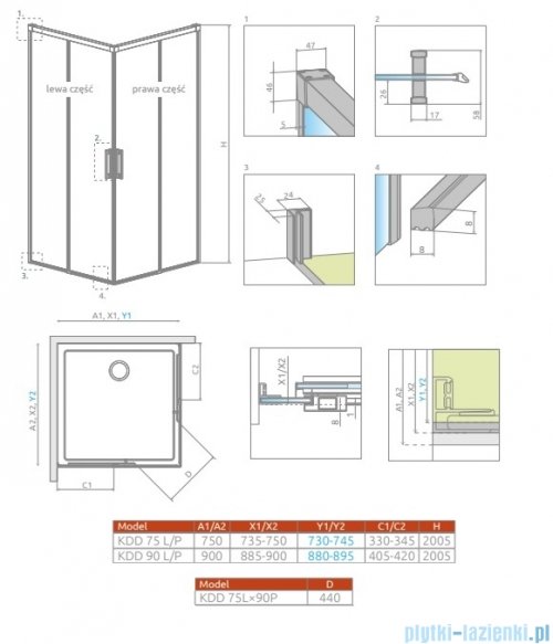Radaway Idea Kdd Brushed GunMetal kabina 75x90cm szczotkowany grafit 387066-92-01L/387060-92-01R