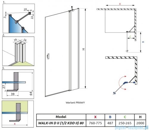 Radaway Nes KDD II Brushed Nickel kabina walk-in 80cm prawa szczotkowany nikiel szkło przejrzyste 10031080-91-01R