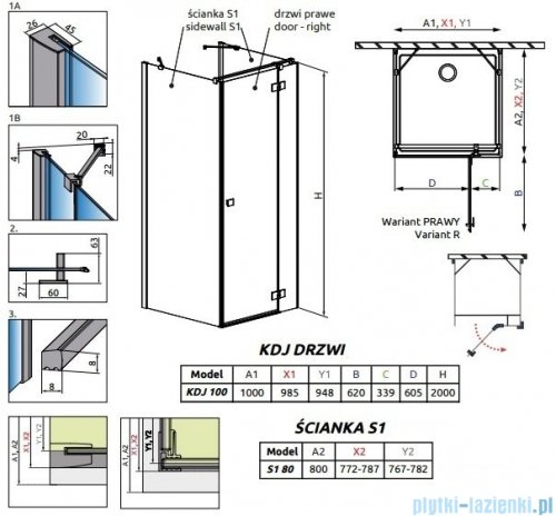 Radaway Essenza New Kdj+S kabina 80x100x80cm prawa szkło przejrzyste + brodzik Doros D + syfon