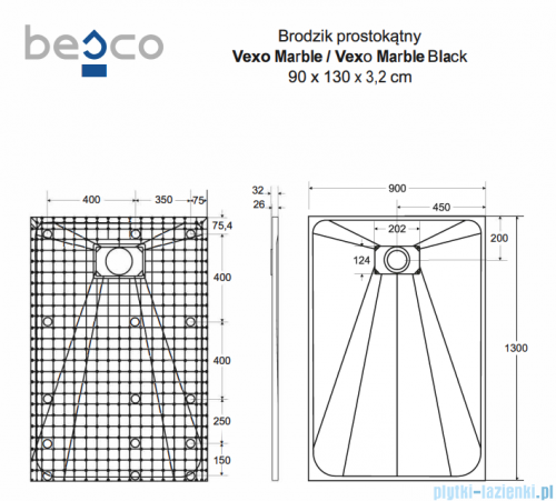Besco Vexo Marble 130x90cm brodzik prostokątny VM-130-90-P