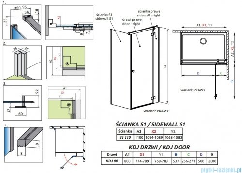 Radaway Essenza 8 Gold Kdj kabina 80x110cm prawa złoty połysk/szkło przejrzyste 10480512-01-01R/10470237-09-01R/10113110-01-01
