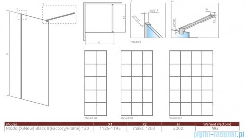 Radaway Modo X Black II Factory kabina Walk-in 120x200 szkło 10mm 389324-54-55