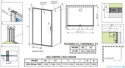 Radaway Premium Pro Black Kdj kabina 120x90cm lewa czarny mat/szkło przejrzyste 1015120-54-01L/1016090-54-01
