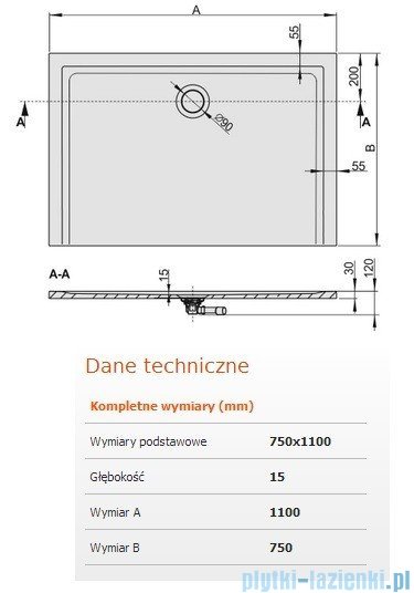 Sanplast Space Mineral brodzik prostokątny 110x75x1,5cm+syfon 645-290-0240-01-000